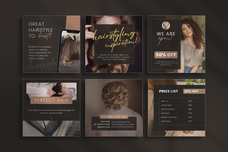 May include: A collage of six square images with a dark background. The images promote hairstyling services, featuring text like "Great Hairstyle to Boost!" and "Hairstyling Inspiration!" One image shows a price list with a 20% discount.