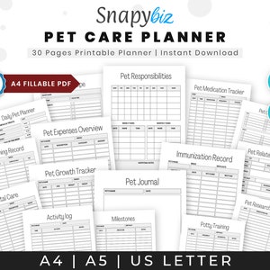 Planner stampabile per la cura degli animali domestici: modello di raccoglitore per la salute, i farmaci e l'organizzazione giornaliera degli animali domestici (A4/A5/US Letter)
