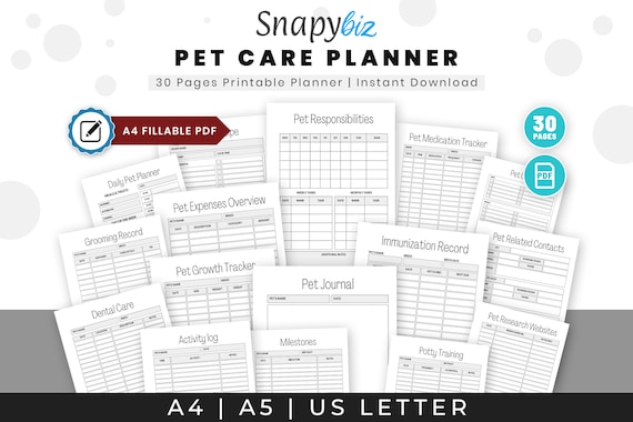 Pet Care Planner | Fillable Printable PDF | Dog Cat Health Tracker | Pet Owner Organizer Bundle