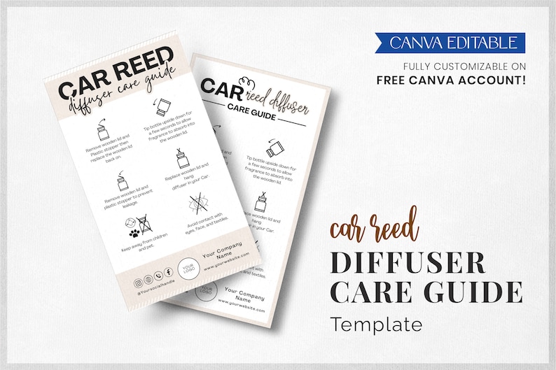 May include: A black and white printable template for a car reed diffuser care guide. The template includes instructions on how to use and care for the diffuser, including replacing the reeds, avoiding contact with eyes and skin, and keeping it away from children and pets. The template also includes space for your company name and website.