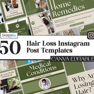 Può includere: Una collezione di 50 modelli di post Instagram per la perdita di capelli, con uno schema di colori verde e beige e sovrapposizioni di testo. I modelli sono progettati per essere modificati in Canva e includono argomenti come i miti sulla perdita di capelli, i rimedi casalinghi e le condizioni mediche.