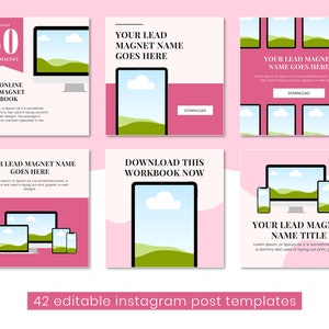 May include: A set of 10 pink and white Instagram post templates featuring a computer screen, a tablet, and a smartphone with a green landscape and clouds. The text on the templates includes "Download this workbook now", "Your lead magnet name goes here", and "50 lead magnet".