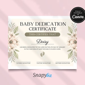 Certificado de dedicación de bebé editable, Dedicación de bebé, Tarjeta de dedicación de bebé, Bautismo de bebé, Certificados, Certificados Canva, Plantillas Canva