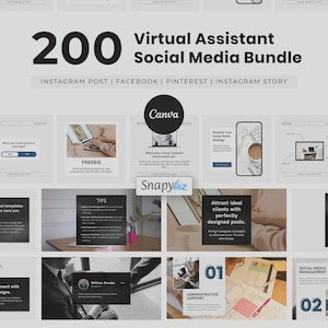 Peut inclure: Image promotionnelle pour un "Bundle de médias sociaux d'assistant virtuel 200" avec les logos Canva et Snapybiz. L'image présente des exemples de modèles de médias sociaux pour Instagram, Facebook, Pinterest et Instagram Story, avec des exemples de publications.