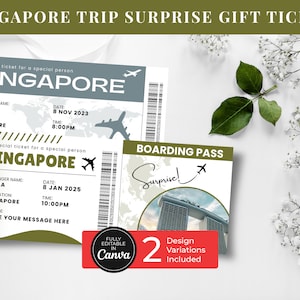 Plantilla Canva de billete de regalo sorpresa de viaje a Singapur, aerolíneas imprimibles, tarjeta de embarque, viaje, mapa, vacaciones, vale, BP-309
