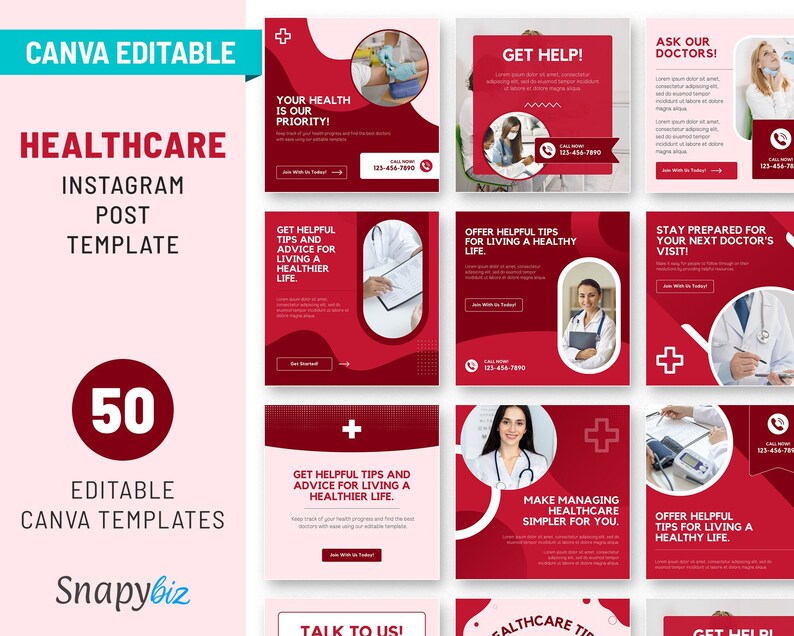 May include: A collection of 50 editable Canva templates for healthcare Instagram posts. The templates feature a red and white color scheme with images of doctors and medical equipment. The text on the templates includes phrases like "Your health is our priority!" and "Get helpful tips and advice for living a healthier life."