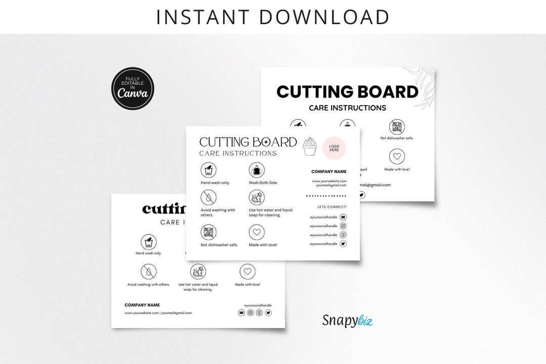 Editable Cutting Board Care Instructions, Customizable Cutting Board Care Card Template, Cutting