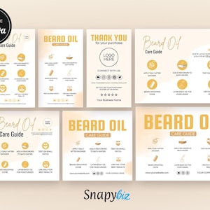 May include: A collection of beard oil care guide cards in shades of beige and gold. The cards feature instructions, icons, and the text "Beard Oil Care Guide". The top left card says "Fully Editable in Canva".