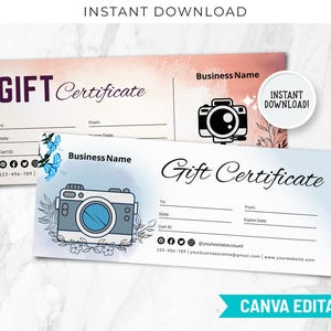 Modèle de chèque-cadeau photographie, modèle de bon de photographie imprimable Certificat de photographie professionnelle cadeau de service photo CT-118