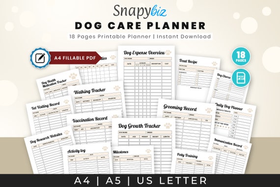 Dog Care Planner: Puppy Training, Health, & Walking Tracker (Printable PDF)