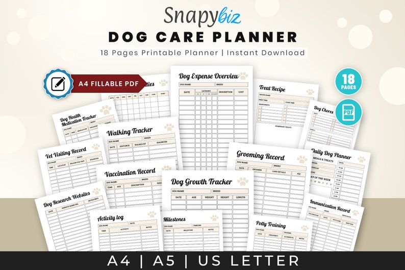 Puede incluir: Un planificador de cuidado de perros imprimible de 18 p&aacute;ginas. El planificador incluye secciones para realizar un seguimiento de las visitas al veterinario, las vacunas, los paseos, el aseo, los medicamentos, los hitos, el registro de actividades, los sitios web de investigaci&oacute;n de perros, el planificador diario de perros, las tareas de los perros, las recetas de golosinas y la descripci&oacute;n general de los gastos de los perros. El planificador est&aacute; disponible en tama&ntilde;os A4, A5 y US Letter.