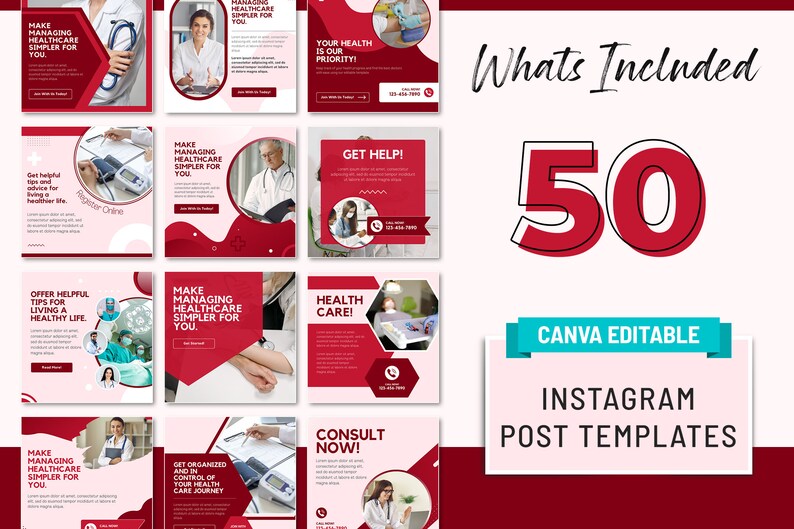May include: A set of 50 Canva editable Instagram post templates for healthcare professionals. The templates feature a red and white color scheme with images of doctors, nurses, and medical equipment. The text "Whats Included" and "50" are in large, bold font. The text "CANVA EDITABLE" and "INSTAGRAM POST TEMPLATES" are in smaller font.