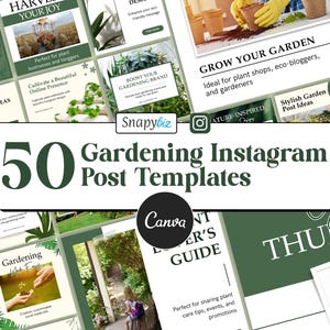 May include: A collection of 50 gardening Instagram post templates. The templates feature a green and white colour scheme with images of plants, gardening tools, and text overlays. The Canva logo is visible.