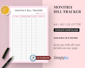 Monthly Bill Tracker | Fillable Printable PDF | Bill Payment Organizer | Personal Finance Instant Download