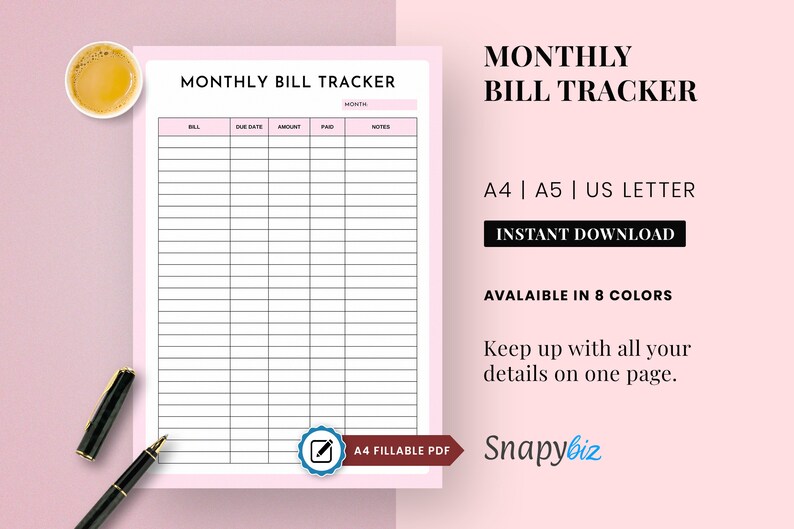 Printable Monthly Bill Tracker | Bill Payment Log & Checklist PDF ...