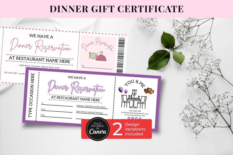Dinner Gift Card, Editable Canva Template Printable, Birthday, Voucher, Ticket, Restaurant ...