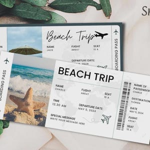 May include: Two boarding passes with the text "Beach Trip" and travel details. One ticket shows a beach scene with a starfish. The other ticket shows a beach umbrella. The tickets are white with black text.