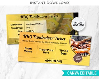 BBQ Fundraiser Ticket Template, Editable Canva Design (8.35x3.5 inches)