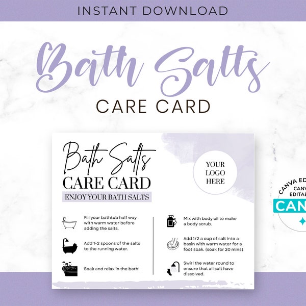 Minimalist Bath Salts Care Card Template, Editable Bath Salts Care Card, Bath Salts Care Guide Template, How To Use Bath Salt Instructions