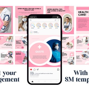May include: A collection of social media templates featuring a pink and white color scheme with healthcare-themed imagery, including medical professionals, stethoscopes, and text overlays like "Make Managing Healthcare Simpler For You" and "Quote".