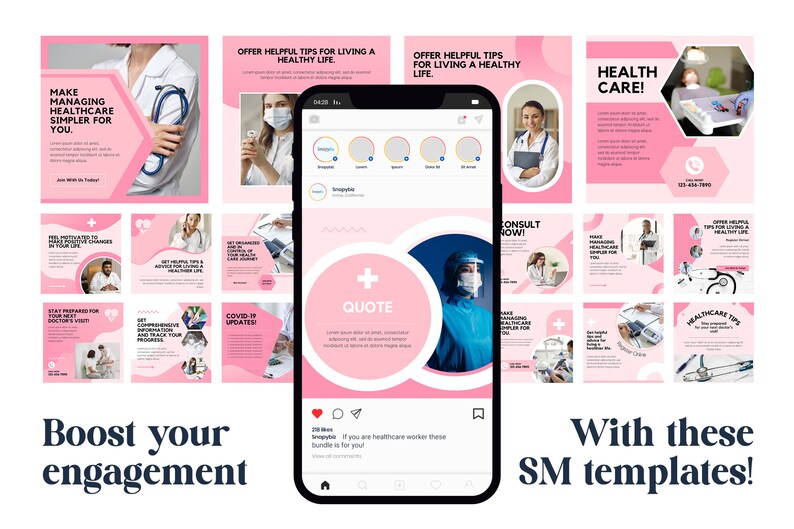 May include: A collection of social media templates featuring a pink and white color scheme with healthcare-themed imagery, including medical professionals, stethoscopes, and text overlays like "Make Managing Healthcare Simpler For You" and "Quote".