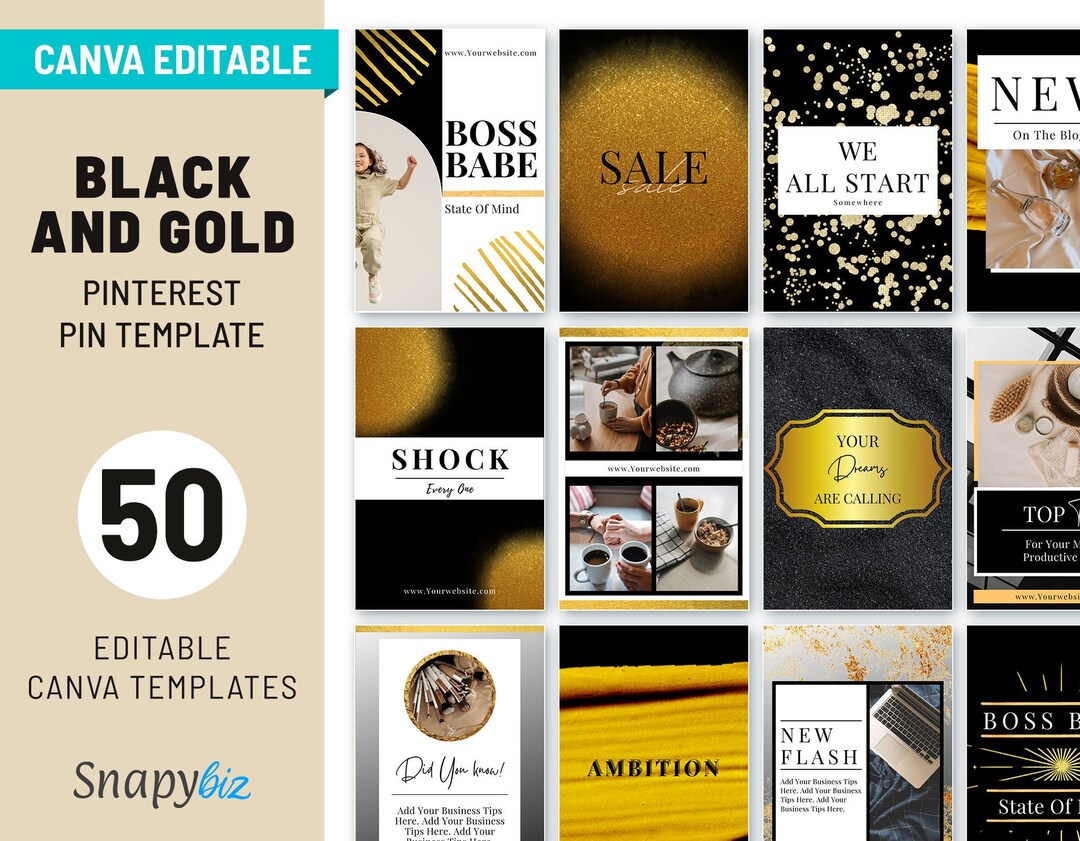 Black and Gold Pinterest Canva Pins Template, Black Gold, Pinterest ...