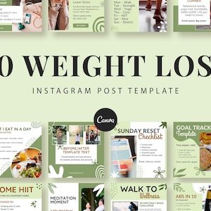 Può includere: Un modello di post di Instagram verde chiaro con il testo "50 WEIGHT LOSS" in grandi lettere nere. Il modello include vari grafici di piani di allenamento e dieta, tra cui "HOME WORKOUT" e "WHAT I EAT IN A DAY".