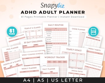 May include: A printable planner designed for adults with ADHD. The planner includes 61 pages with various sections for daily routines, meal planning, workout tracking, and more. The planner is available in PDF format and is designed for A4, A5, and US Letter paper sizes.