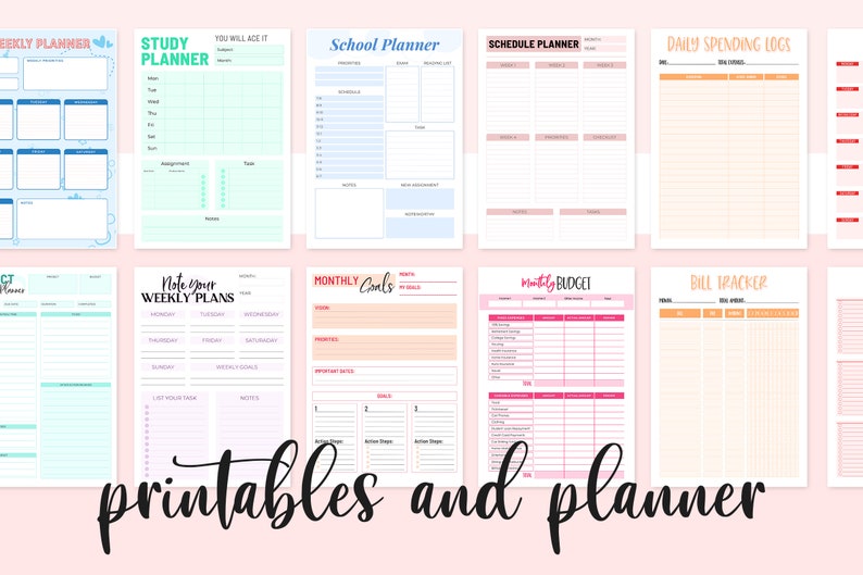 Puede incluir: Una colecci&oacute;n de p&aacute;ginas de planificador imprimibles en varios colores y dise&ntilde;os. Las p&aacute;ginas incluyen un planificador semanal, un planificador de estudios, un planificador escolar, un planificador de horarios, registros diarios de gastos, objetivos mensuales, un presupuesto mensual y un rastreador de facturas.