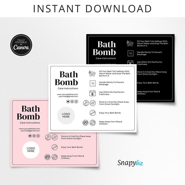 Bath Bomb Care Guide Canva Templates Editable Bath Bomb Care Card Template PDF Printable Small Businesses Bath Bomb Card Insert Canva PDF