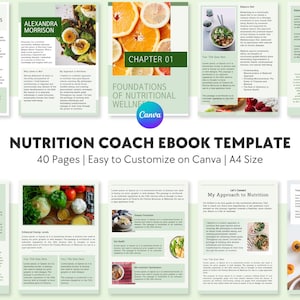 May include: A digital ebook template for nutrition coaches, with a light green and white design. The cover includes images of food and text that reads "Nutrition Coach Ebook Template" and "Foundations of Nutritional Wellness".