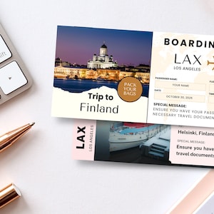 Finnland Reise Überraschungsgeschenk Ticket Canva Bordkarte Vorlage Druckbare Fluggesellschaft Urlaub enthüllen Ticket Gefälschte Flugzeug Digitaler Download BP-164