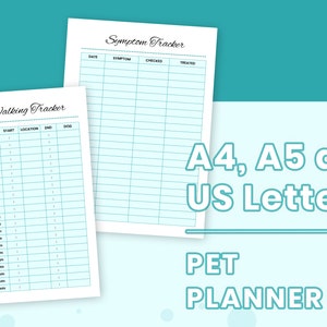 Pu&ograve; includere: Due pagine di pianificatore per animali domestici stampabili. La prima pagina &egrave; un tracker per le passeggiate del cane con colonne per la data, l'ora della passeggiata, l'inizio, la posizione, la fine e il cane. La seconda pagina &egrave; un tracker dei sintomi con colonne per la data, il sintomo, verificato e trattato. Le pagine sono progettate per i formati A4, A5 e US Letter.