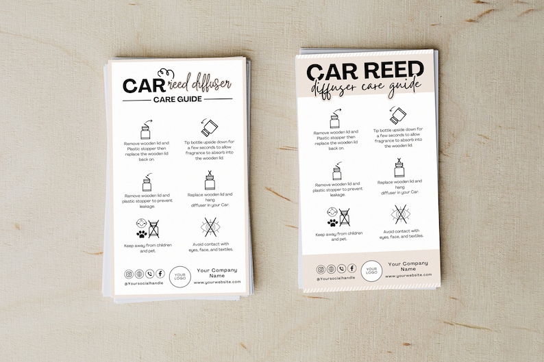 May include: A black and white care guide for a car reed diffuser. The guide includes instructions on how to use the diffuser, as well as safety precautions. The guide also includes the company name and website.