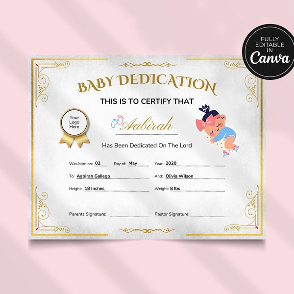Baby Dedication Certificate Template, Baptism, Baby Dedication, Baby Christening, Dedication Certificate, Customizable, Editable, Digital
