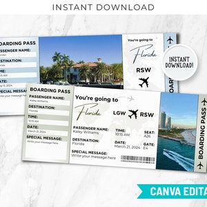 Carta d'imbarco della Florida Invito Canva Modello carta d'imbarco Vacanza a sorpresa Rivela Biglietto di viaggio Viaggio Volo Aereo Vacanza Viaggio Florida