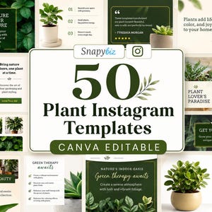 May include: A collection of 50 plant-themed Instagram templates by Snapybiz, featuring dark green and cream color schemes, botanical imagery, and editable text layouts for social media posts about indoor gardening and plant care.