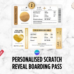 以下が含まれることがあります： 金色のアクセントが付いた、2つのパーソナライズされたスクラッチリビール搭乗券。1つは金の円、もう1つは金のハートが特徴です。「You are going to」と「With Love!」の文字とフライトの詳細が含まれています。