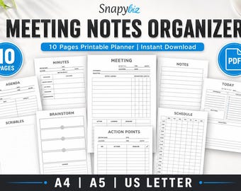 Meeting Notes Organizer | Printable Meeting Planner | Business Agenda Minutes Template | Instant Digital Download