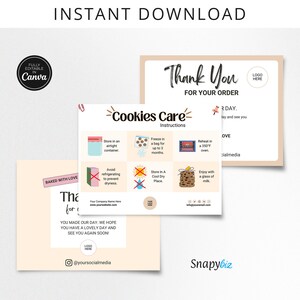 Modèle modifiable Canva Cookie Care Guide, 2 TAILLES, carte d'entretien des biscuits imprimable, instructions de service des cookies, encart pour remerciements d'entretien CC-282