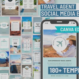 May include: A collection of social media templates for travel agents. The image features a smartphone displaying a travel-themed graphic with the text "Ready to Escape Everyday!" and "Canva Editable." The bundle includes over 180 templates.
