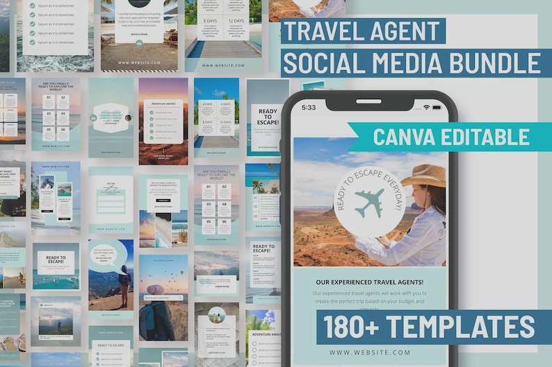 May include: A collection of social media templates for travel agents. The image features a smartphone displaying a travel-themed graphic with the text "Ready to Escape Everyday!" and "Canva Editable." The bundle includes over 180 templates.