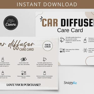 May include: Two car diffuser care cards with instructions and illustrations. The cards have a neutral colour palette with text that reads "Car Diffuser Care Card" and "Love Your Purchase?" The cards are fully editable in Canva.