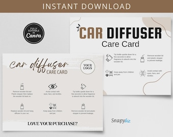 May include: Two car diffuser care cards with instructions and illustrations. The cards have a neutral color palette with text that reads "Car Diffuser Care Card" and "Love Your Purchase?" The cards are fully editable in Canva.