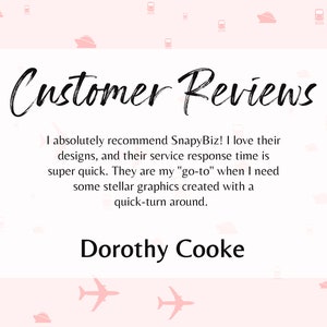 Puede incluir: Un testimonio de un cliente para SnapyBiz, una empresa de dise&ntilde;o gr&aacute;fico. El testimonio dice: "Recomiendo absolutamente SnapyBiz! Me encantan sus dise&ntilde;os y su tiempo de respuesta es s&uacute;per r&aacute;pido. Son mi "go-to" cuando necesito gr&aacute;ficos incre&iacute;bles creados con un tiempo de respuesta r&aacute;pido." El testimonio est&aacute; firmado por Dorothy Cooke.