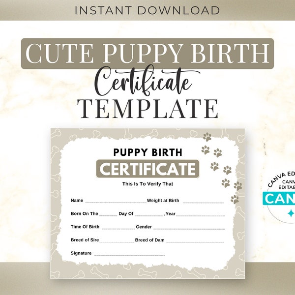 Puppy Birth Certificate Template | Editable Paw Print New Puppy Dog Birth Certificate | Printable Pet Adoption Birth