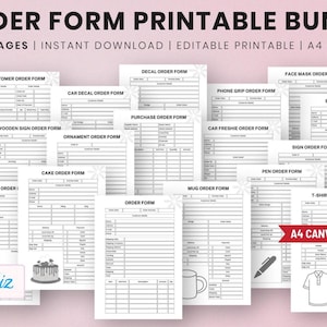 Puede incluir: Un conjunto de formularios de pedido imprimibles, incluyendo formularios para clientes, calcomanías de coche y pasteles. El paquete contiene 57 páginas y está disponible para descarga instantánea. Los formularios son editables y están diseñados para A4 Canva. El texto "ORDER FORM PRINTABLE BUNDLE" también está presente.