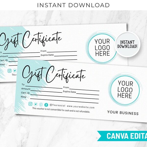 Gift Certificate Template Printable And Editable Custom Voucher Printable Gift Card Aqua Gift Certificate Add Logo