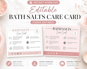 Bath Salt Care Card Editable, Bath Salts Label Template, Bath Salt Instructions Card, Canva Editable, Bath Salt Gift Tag,Bath Body Care Card