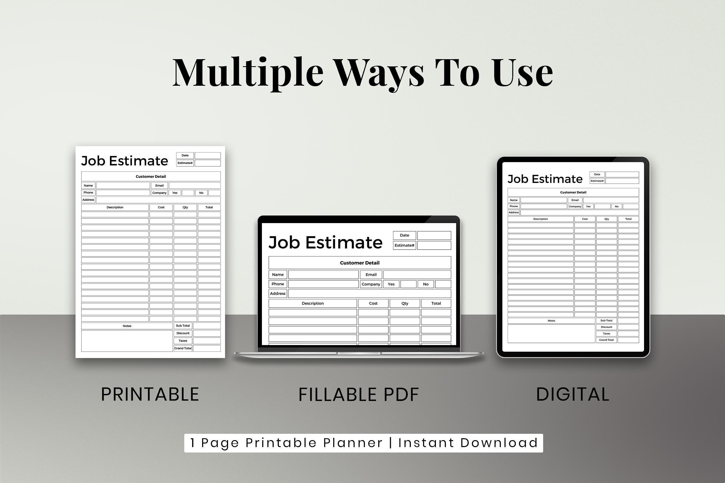 Job Quote Form.pdf Printable Job Estimate Form Template, Fillable Pdf, Work Estimate ...